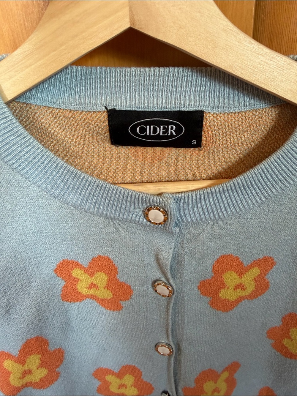 Cider Light Blue Cropped Cardigan with Orange Floral Knit - Picture 3 of 4